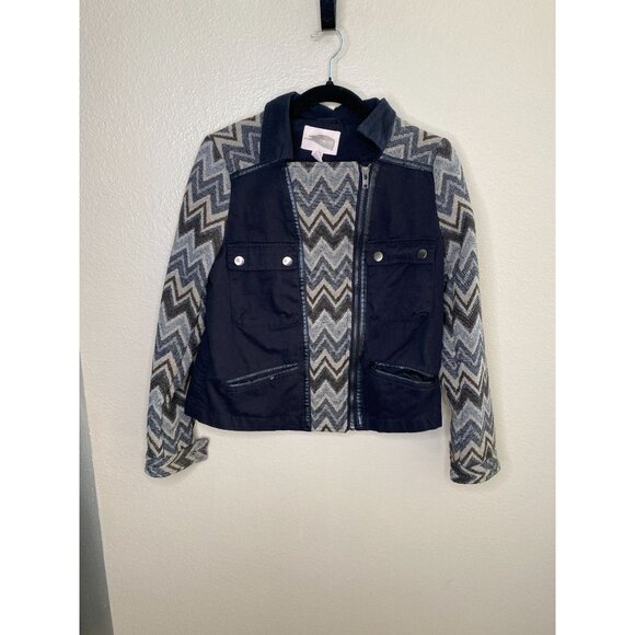 Forever 21 Contemporary Chevron & Black Jacket Medium Cotton Blend Zip Front - Picture 2 of 6